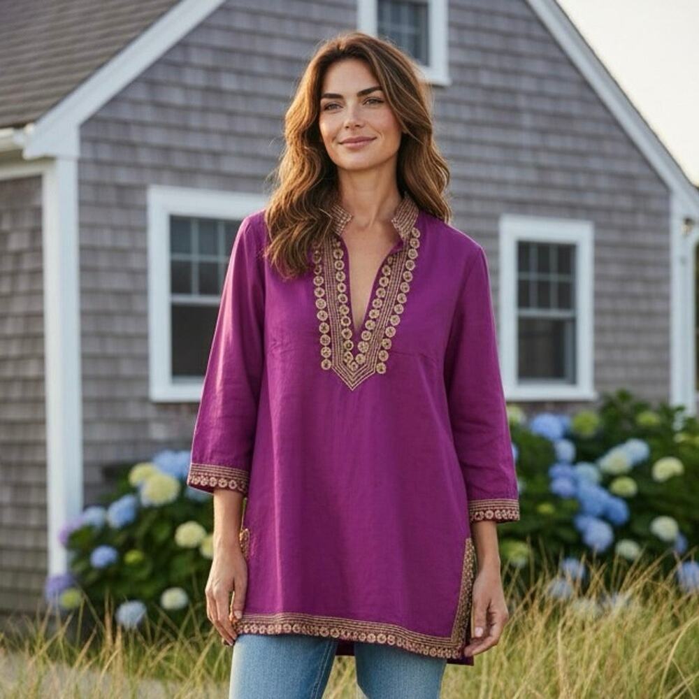 Tory Burch Tunic Boho Sheer 100% Cotton Embroidered Gold Trim Pink Sz 10